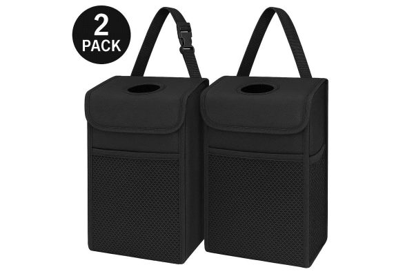 2 Pack Hanging Car Trash Bags with Mesh Pockets for Backseat and Front Seat