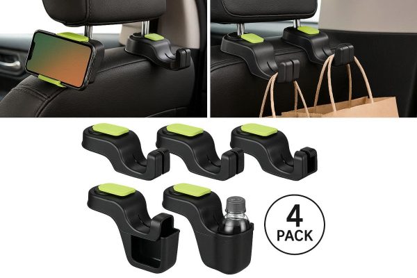 4 Pack Multifunctional Car Headrest Hooks with Phone Holder and Storage