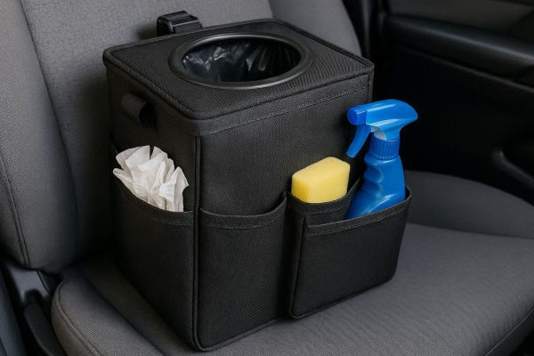 Foldable Car Trash Can with Storage Pockets for Waste and Cleaning Supplies